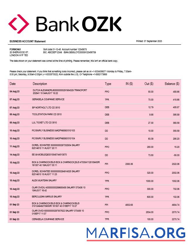 Blank Bank of the Ozarks firm account statement Word and PDF template
